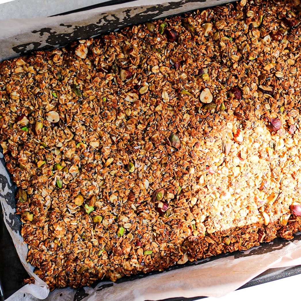 baked granola in dish
